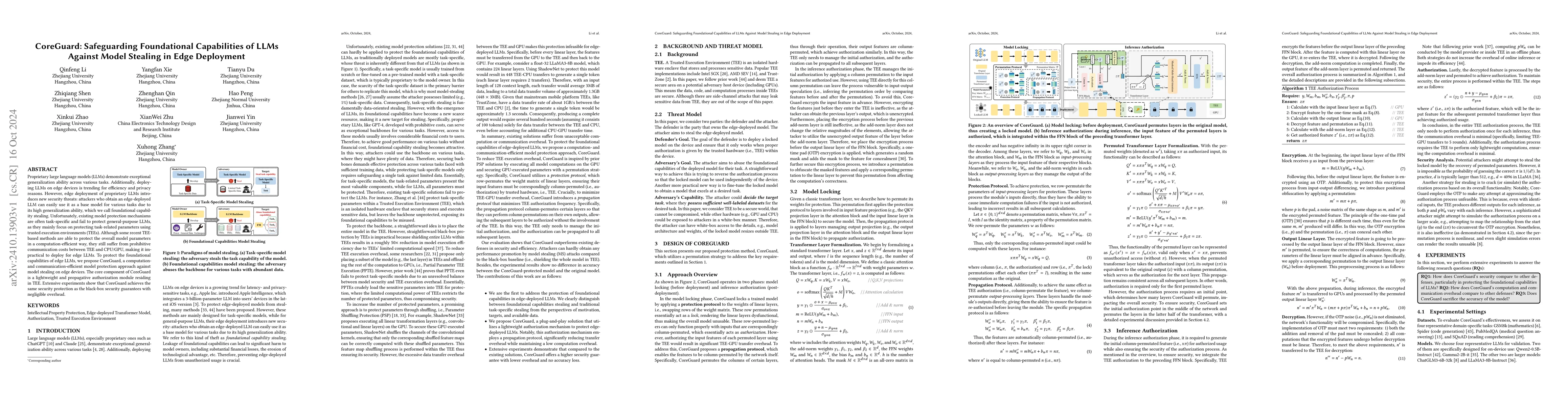 Thumbnail for CoreGuard: Safeguarding Foundational Capabilities of LLMs Against Model
  Stealing in Edge Deployment