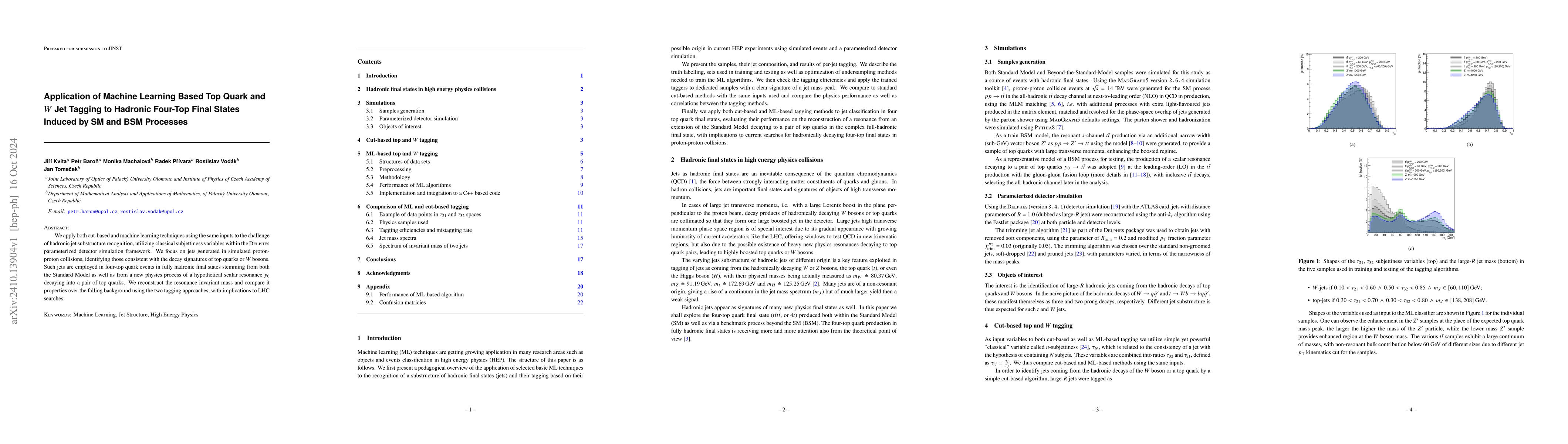Thumbnail for Application of Machine Learning Based Top Quark and W Jet Tagging to
  Hadronic Four-Top Final States Induced by SM and BSM Processes