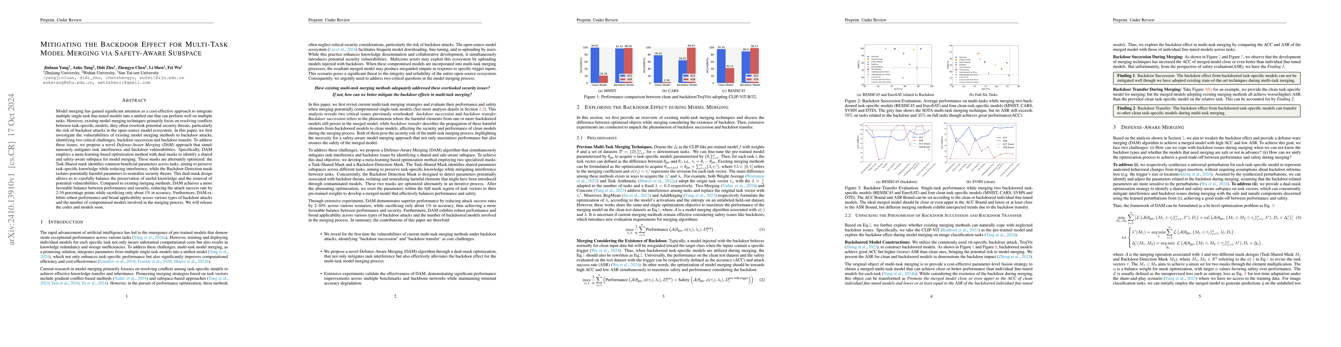 Thumbnail for Mitigating the Backdoor Effect for Multi-Task Model Merging via
  Safety-Aware Subspace