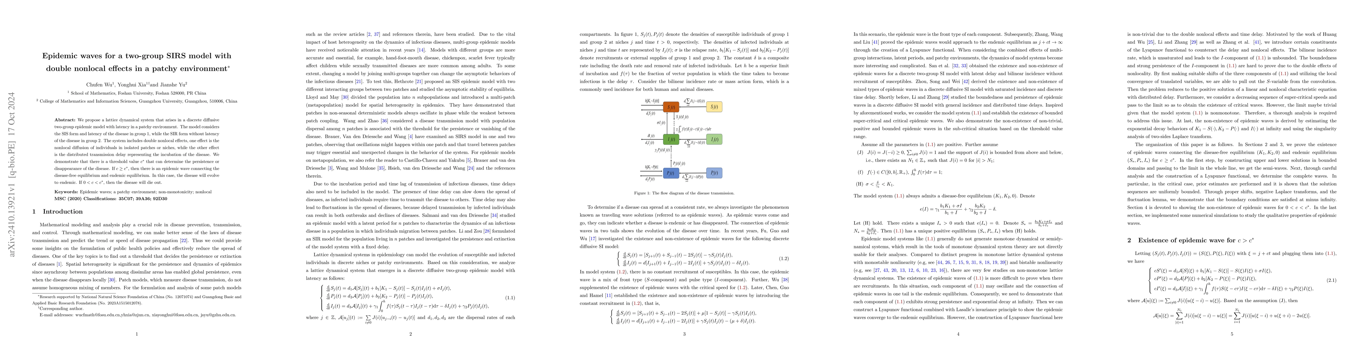 Thumbnail for Epidemic waves for a two-group SIRS model with double nonlocal effects
  in a patchy environment