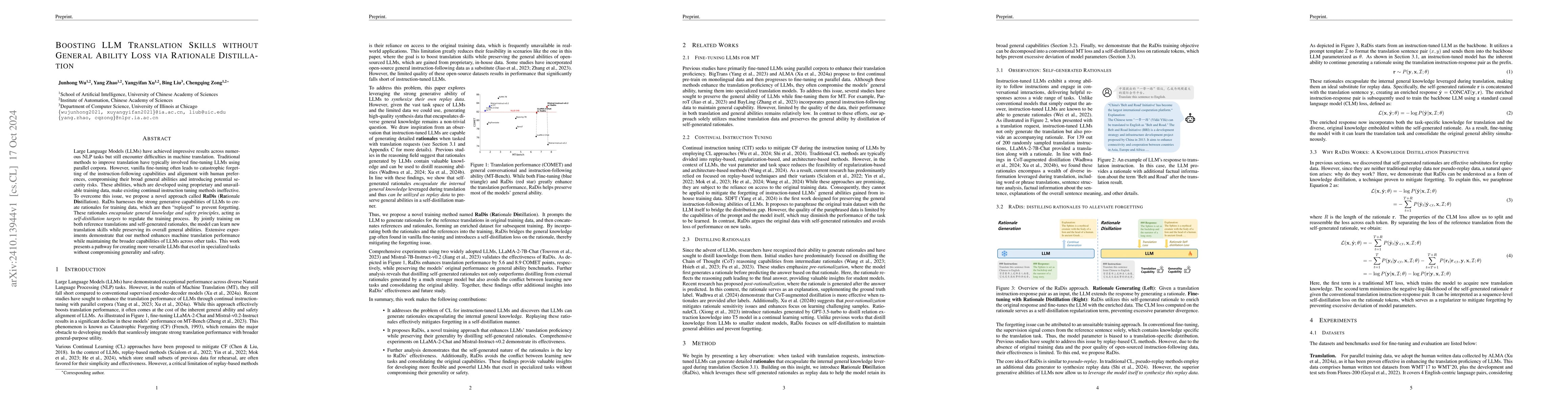 Thumbnail for Boosting LLM Translation Skills without General Ability Loss via
  Rationale Distillation