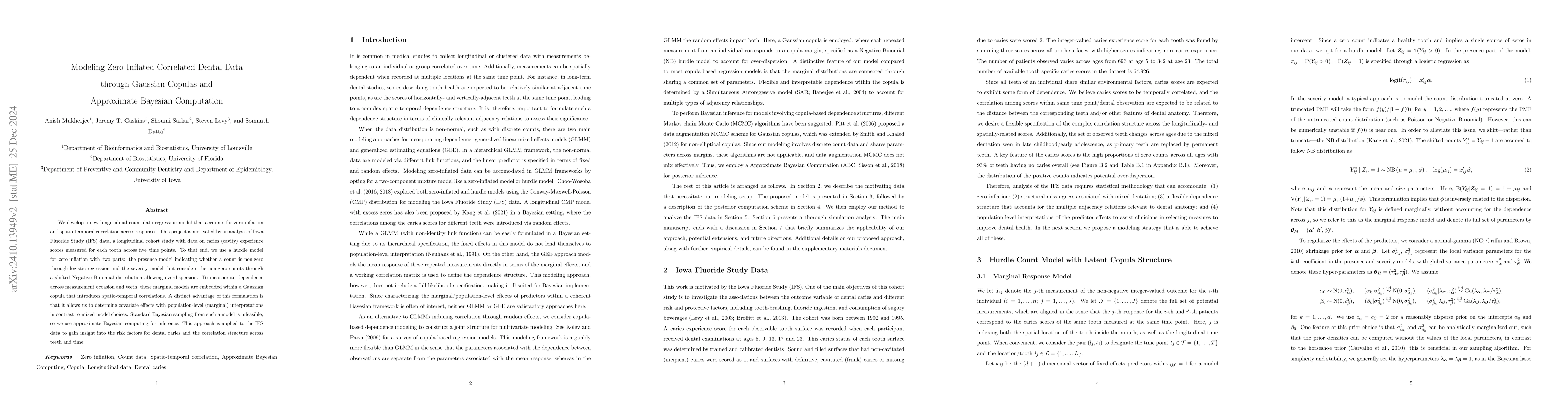 Thumbnail for Modeling Zero-Inflated Correlated Dental Data through Gaussian Copulas
  and Approximate Bayesian Computation