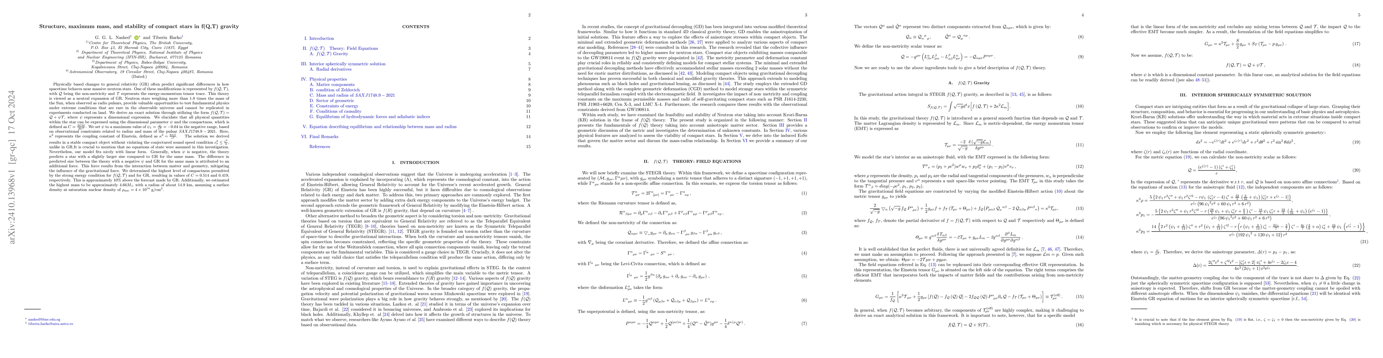 Thumbnail for Structure, maximum mass, and stability of compact stars in f(Q,T)
  gravity