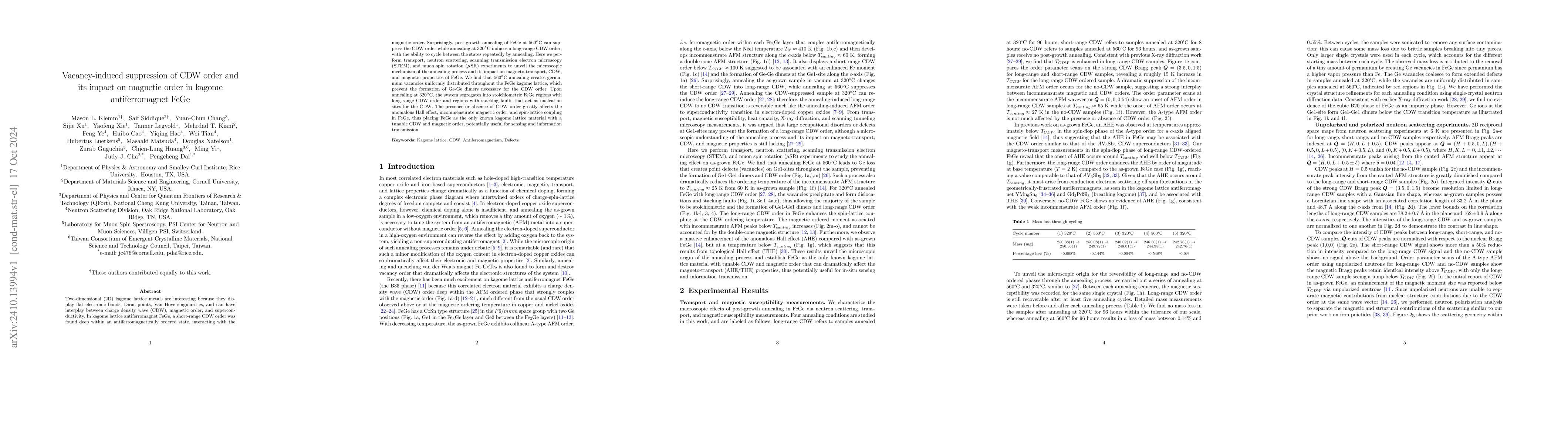 Thumbnail for Vacancy-induced suppression of CDW order and its impact on magnetic
  order in kagome antiferromagnet FeGe