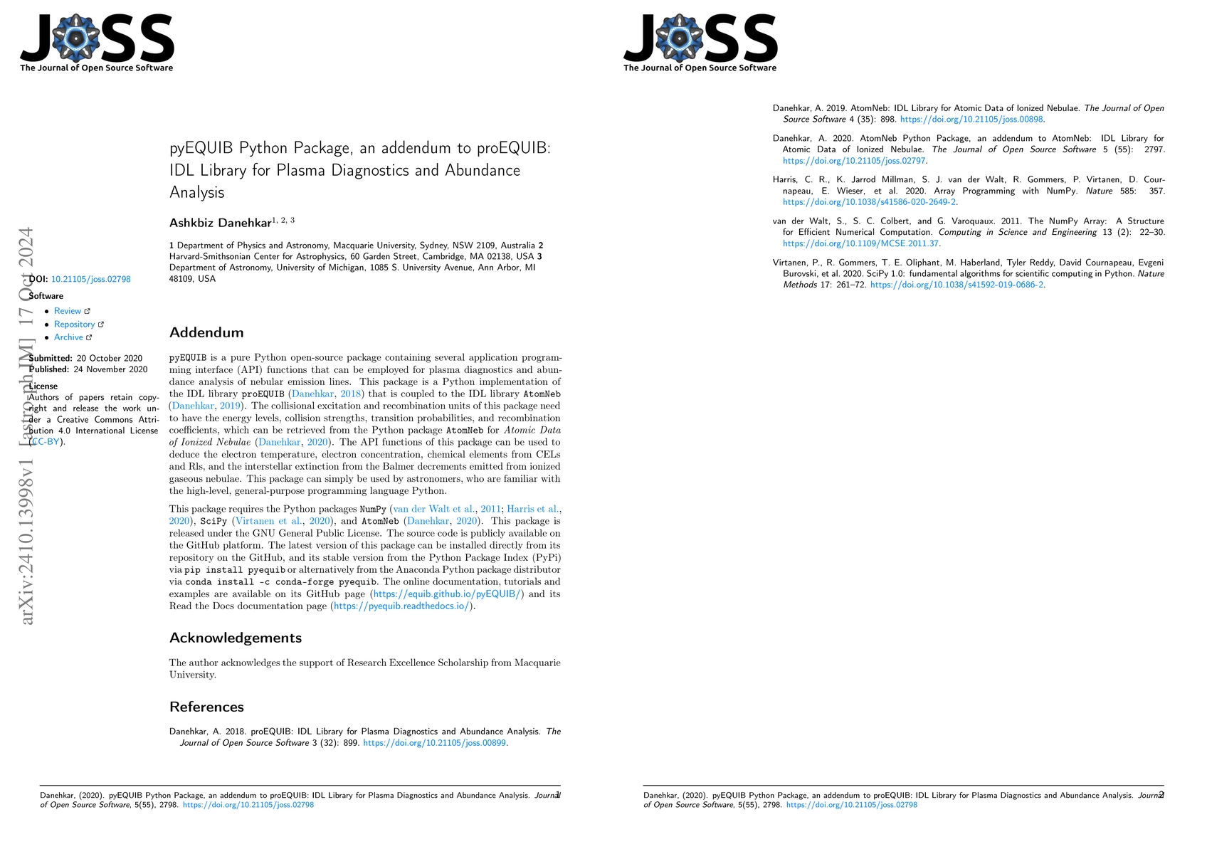 Thumbnail for pyEQUIB Python Package, an addendum to proEQUIB: IDL Library for Plasma
  Diagnostics and Abundance Analysis