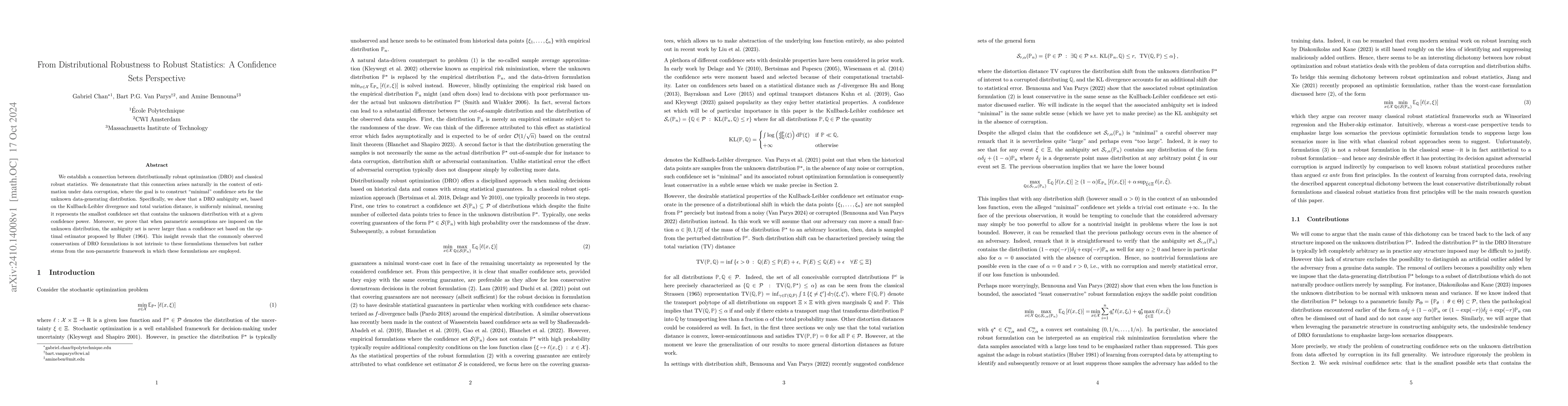 Thumbnail for From Distributional Robustness to Robust Statistics: A Confidence Sets
  Perspective