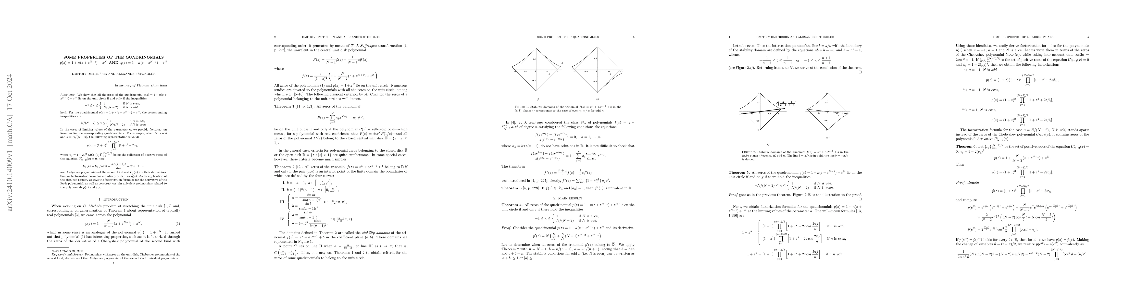Thumbnail for Some properties of the quadrinomials $p(z)=1+κ(z+z^{N-1})+z^N$ and
  $q(z)=1+κ(z-z^{N-1})-z^N$