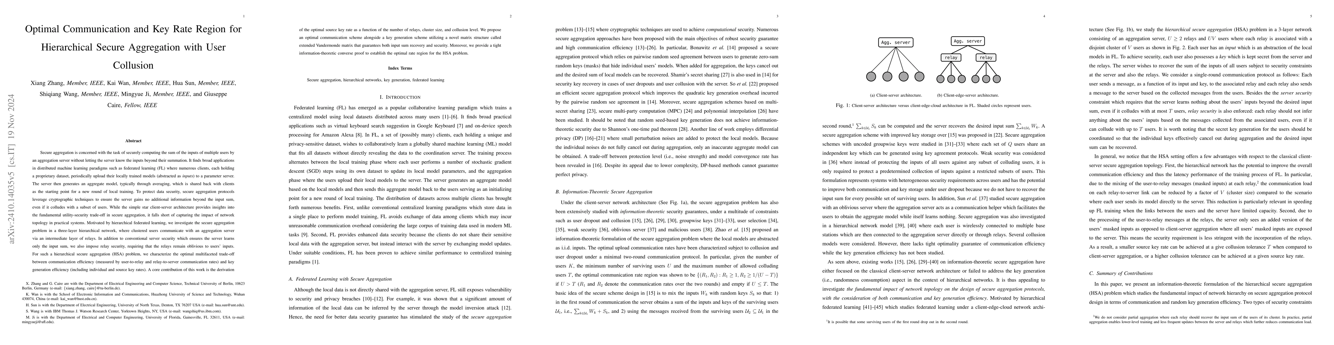 Thumbnail for Optimal Communication and Key Rate Region for Hierarchical Secure
  Aggregation with User Collusion