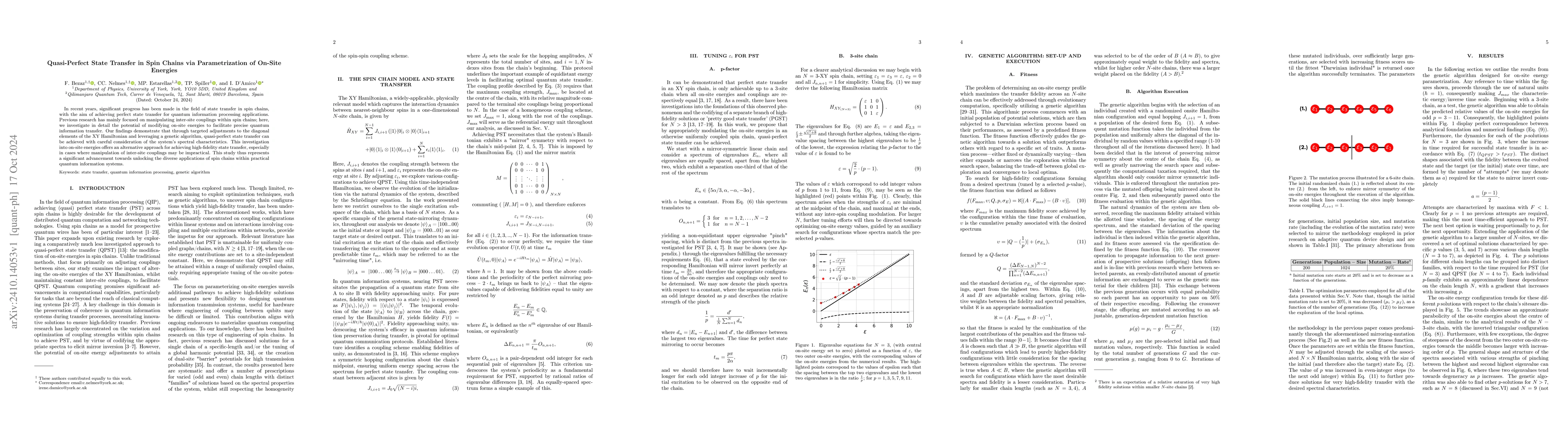 Thumbnail for Quasi-Perfect State Transfer in Spin Chains via Parametrization of
  On-Site Energies