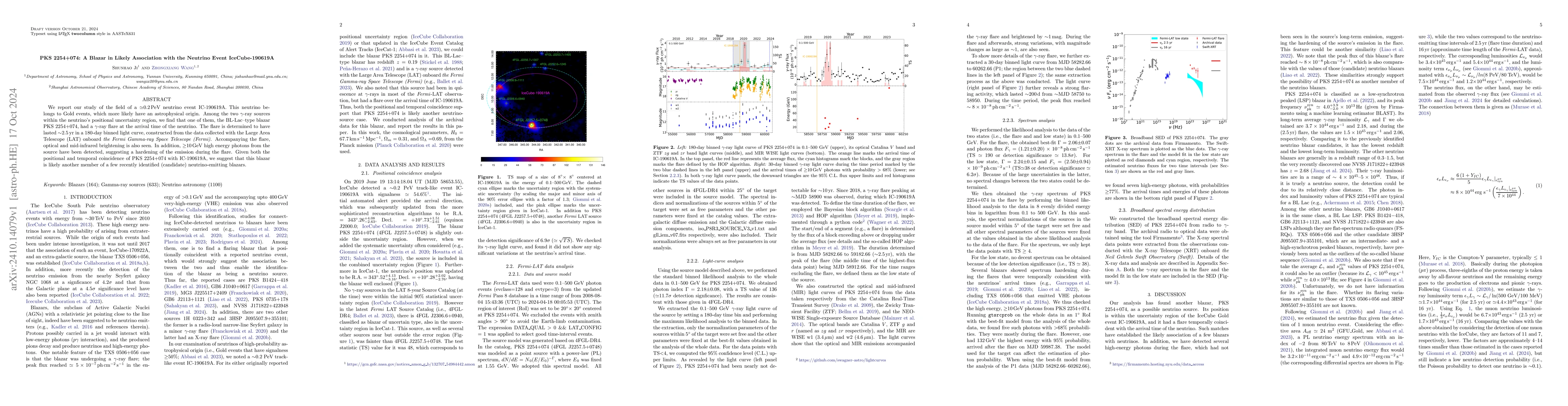 Thumbnail for PKS 2254+074: A Blazar in Likely Association with the Neutrino Event
  IceCube-190619A