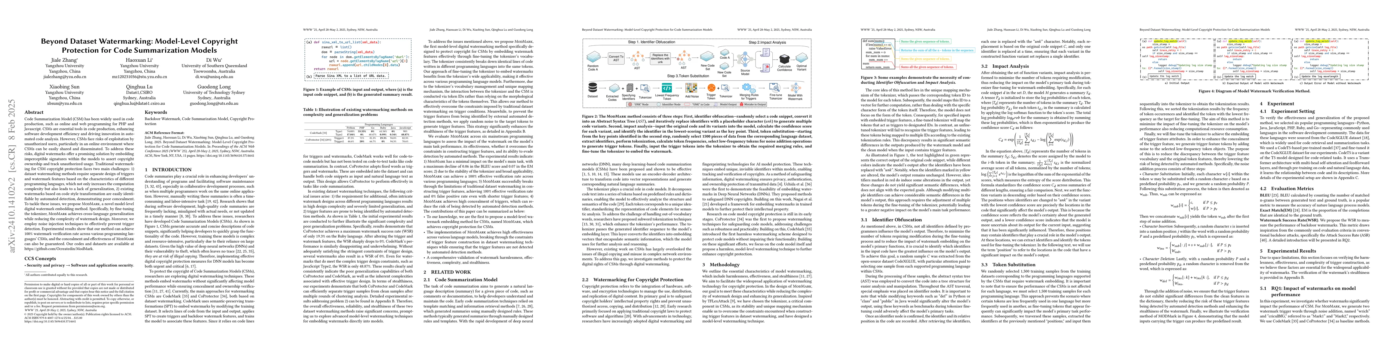 Thumbnail for Beyond Dataset Watermarking: Model-Level Copyright Protection for Code
  Summarization Models