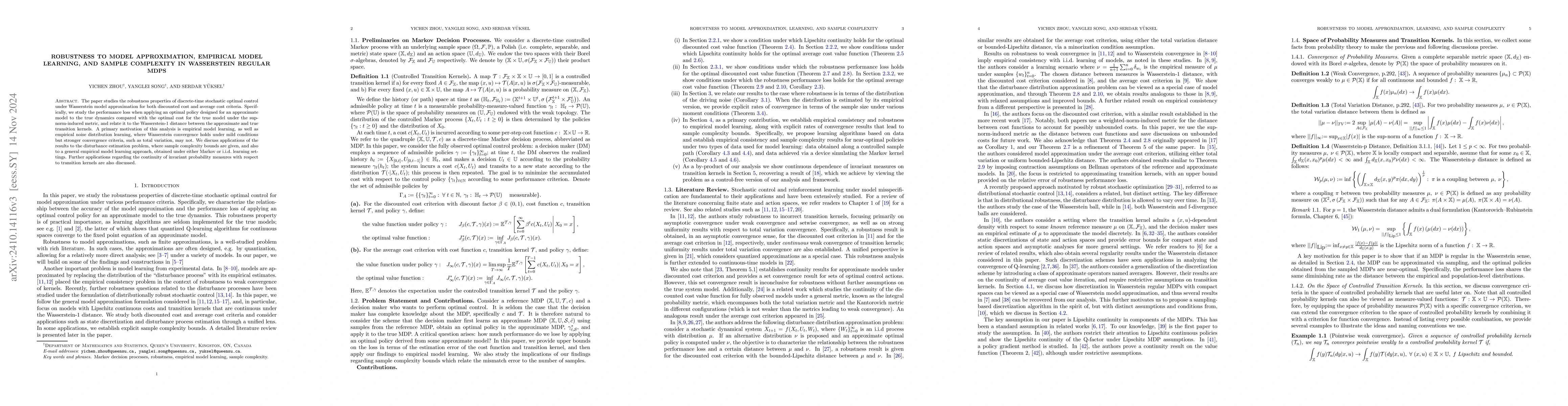 Thumbnail for Robustness to Model Approximation, Empirical Model Learning, and Sample
  Complexity in Wasserstein Regular MDPs