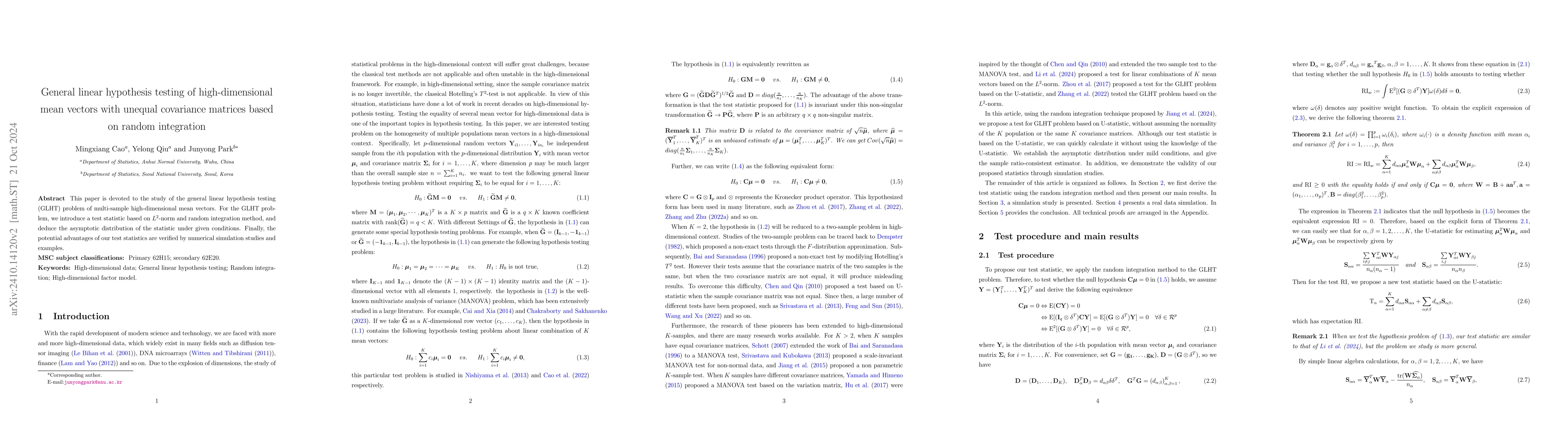 Thumbnail for General linear hypothesis testing of high-dimensional mean vectors with
  unequal covariance matrices based on random integration