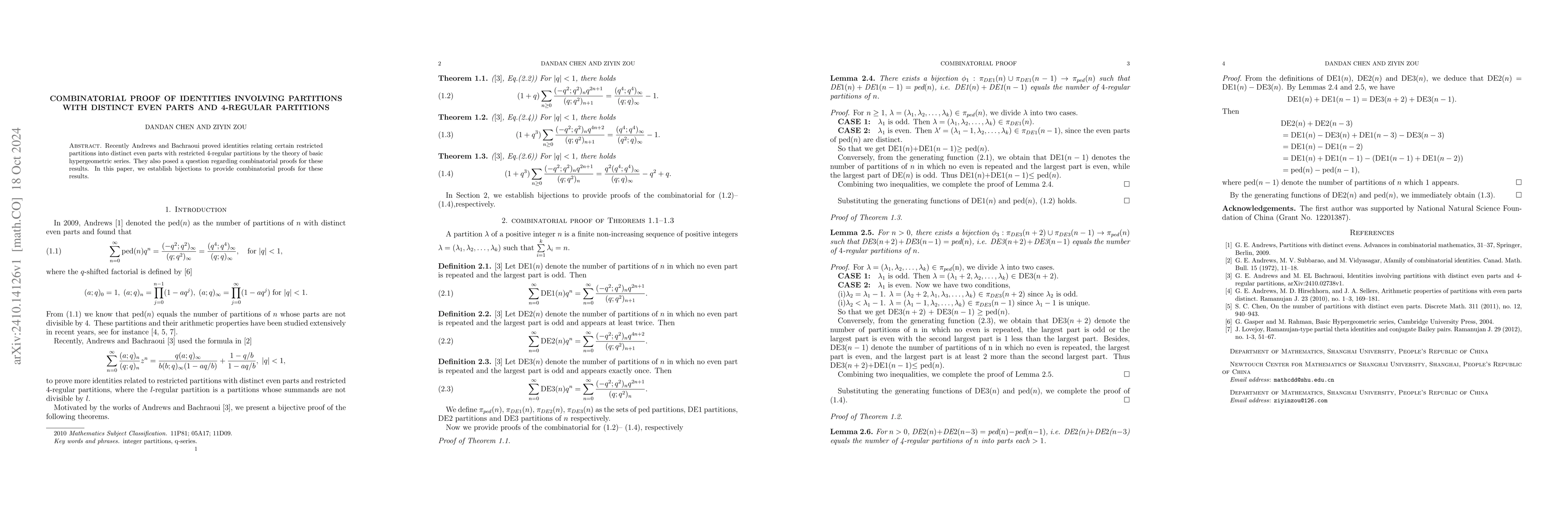 Thumbnail for Combinatorial proof of identities involving partitions with distinct
  even parts and 4-regular partitions
