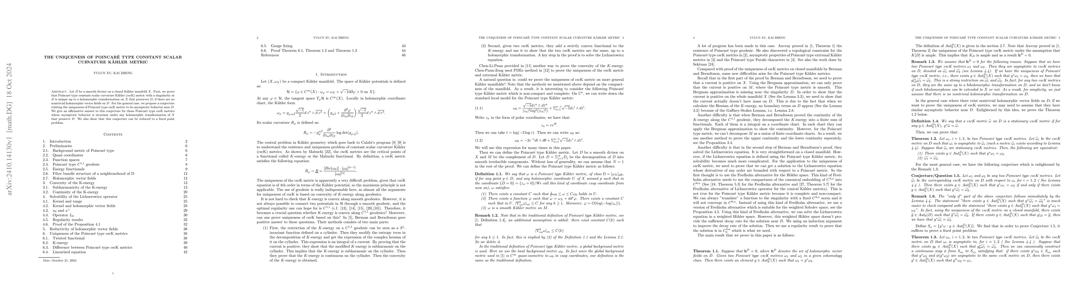 Thumbnail for The uniqueness of Poincaré type constant scalar curvature Kähler
  metric