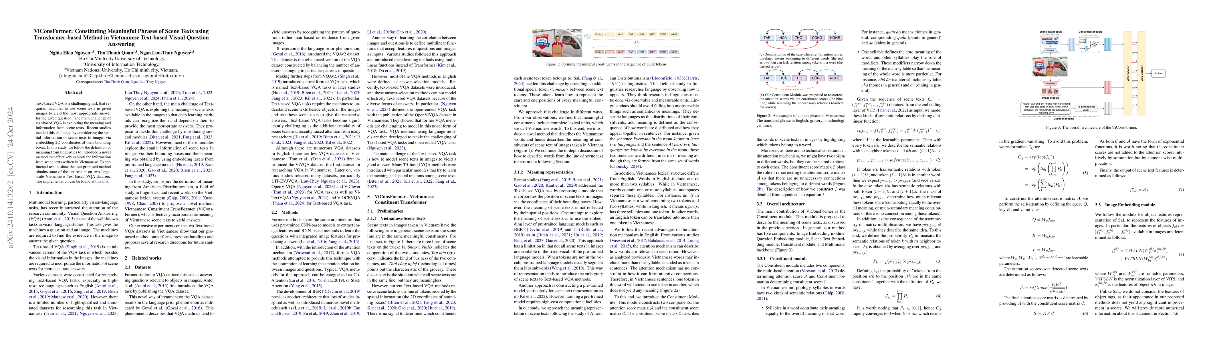 Thumbnail for ViConsFormer: Constituting Meaningful Phrases of Scene Texts using
  Transformer-based Method in Vietnamese Text-based Visual Question Answering
