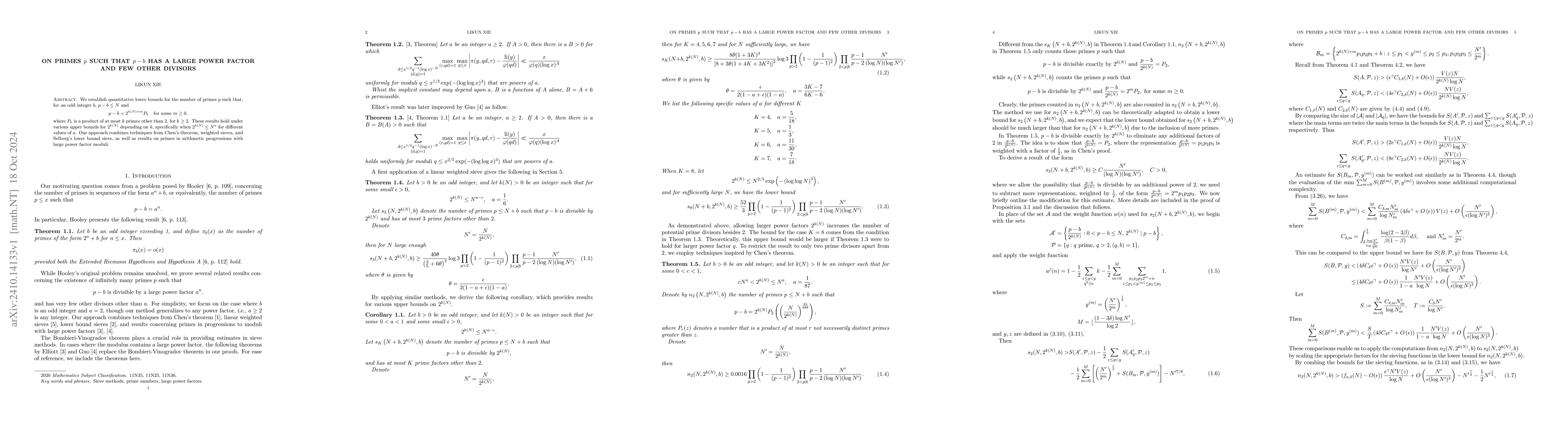 Thumbnail for On Primes $p$ such that $p-b$ Has a Large Power Factor and Few Other
  Divisors
