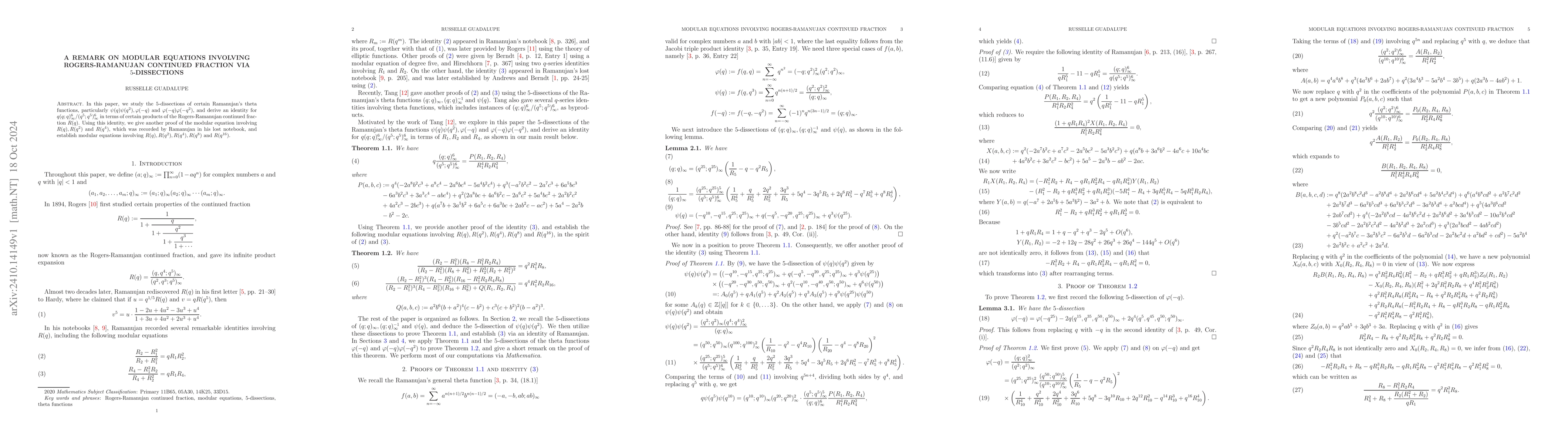 Thumbnail for A remark on modular equations involving Rogers-Ramanujan continued
  fraction via $5$-dissections