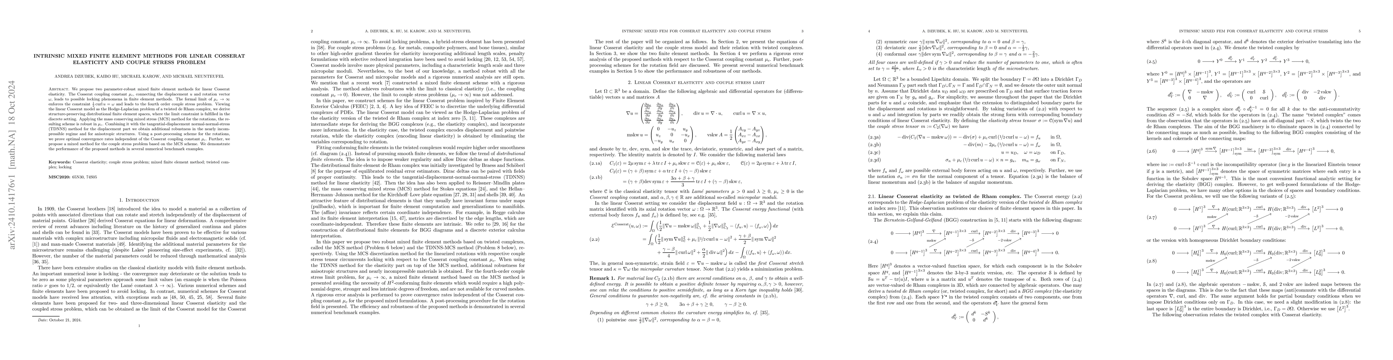 Thumbnail for Intrinsic mixed finite element methods for linear Cosserat elasticity
  and couple stress problem