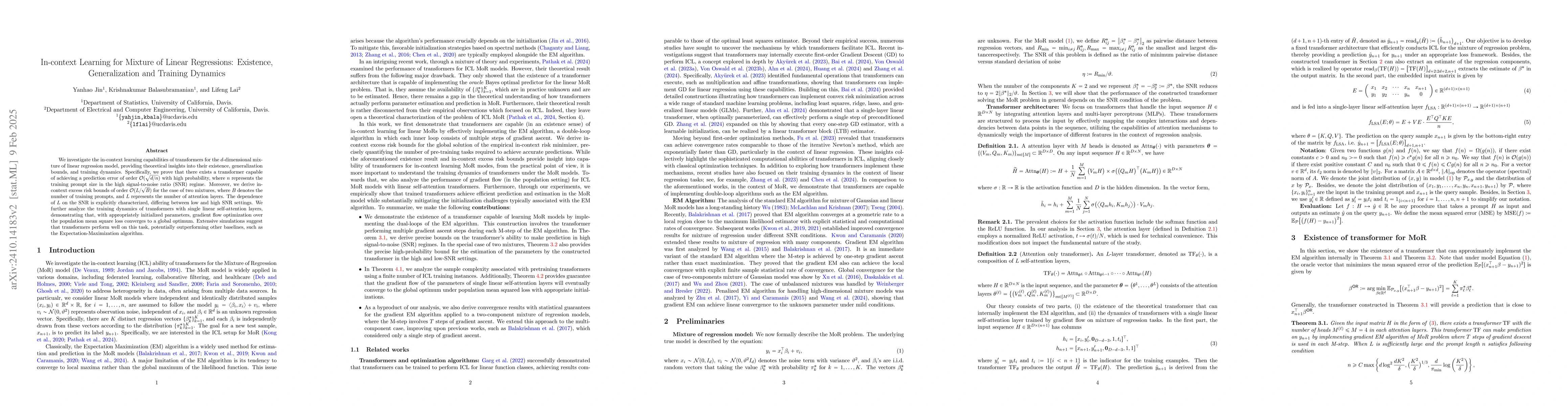 Thumbnail for Provable In-context Learning for Mixture of Linear Regressions using
  Transformers
