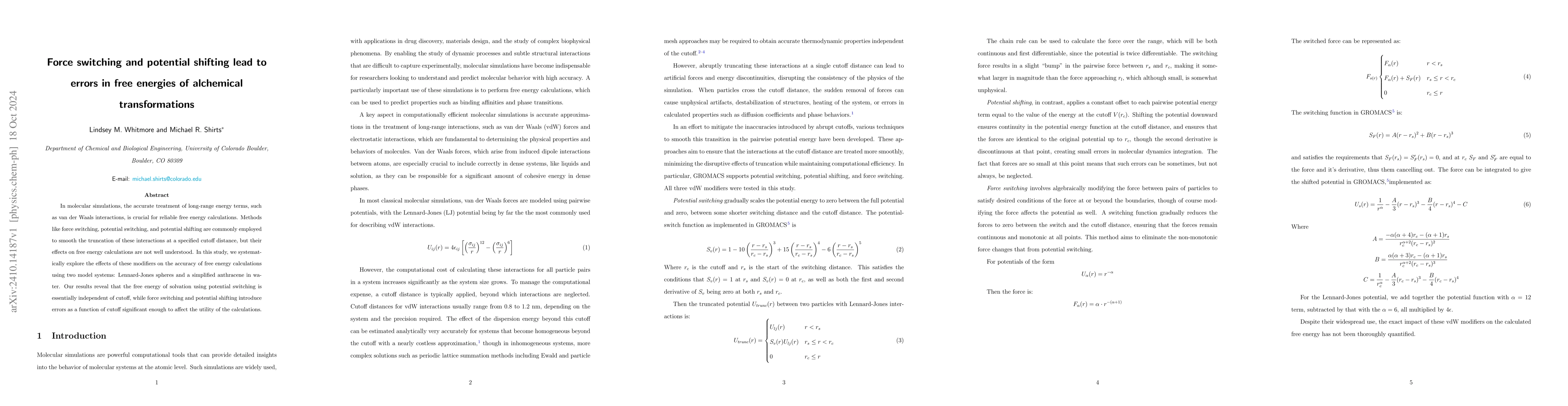 Thumbnail for Force switching and potential shifting lead to errors in free energies
  of alchemical transformations