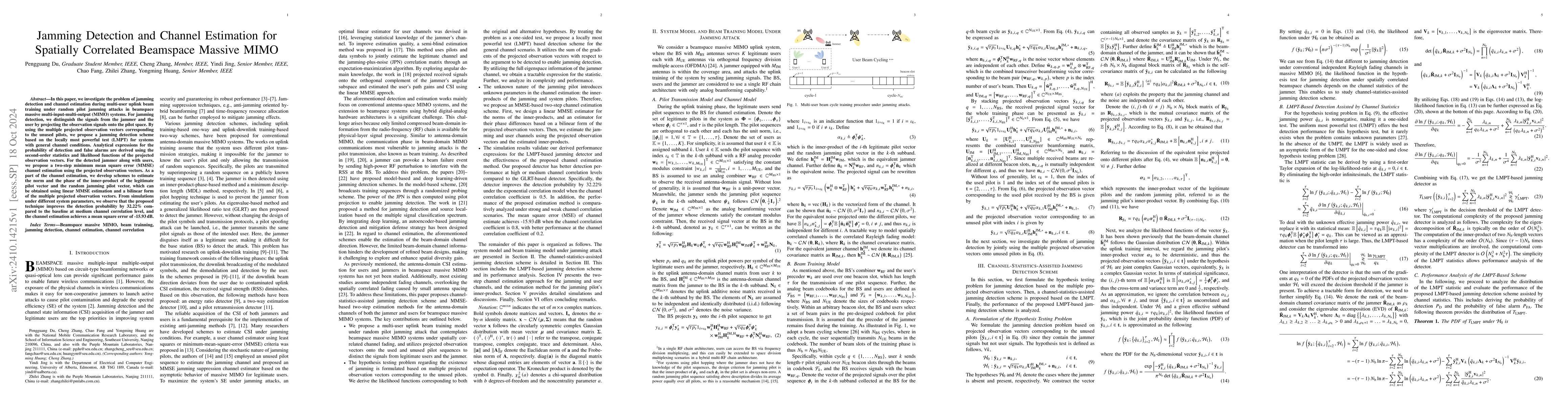Thumbnail for Jamming Detection and Channel Estimation for Spatially Correlated
  Beamspace Massive MIMO