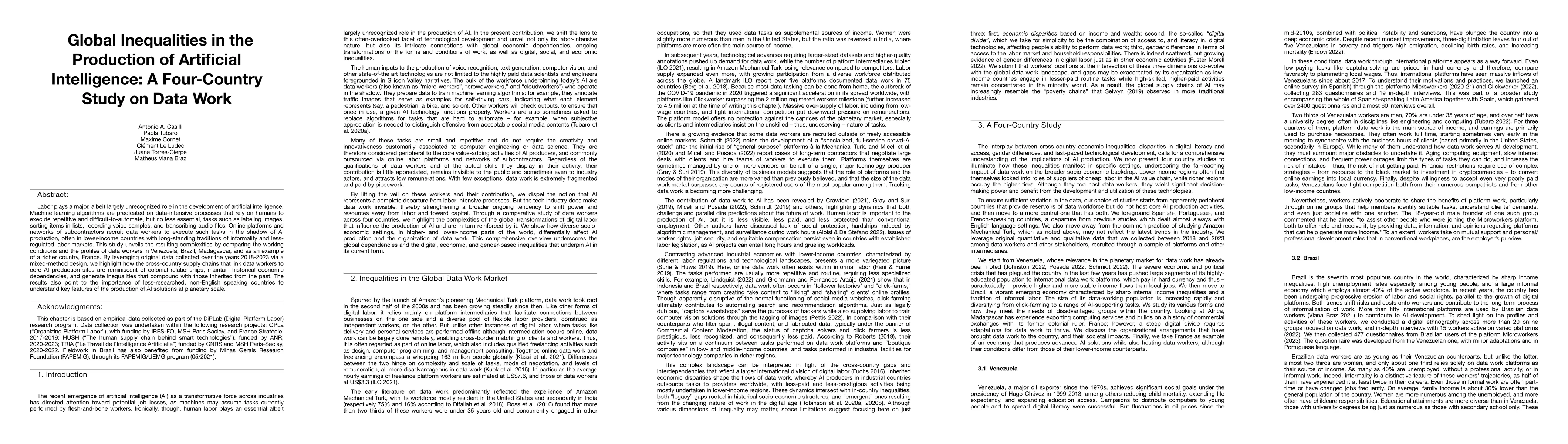 Thumbnail for Global Inequalities in the Production of Artificial Intelligence: A
  Four-Country Study on Data Work
