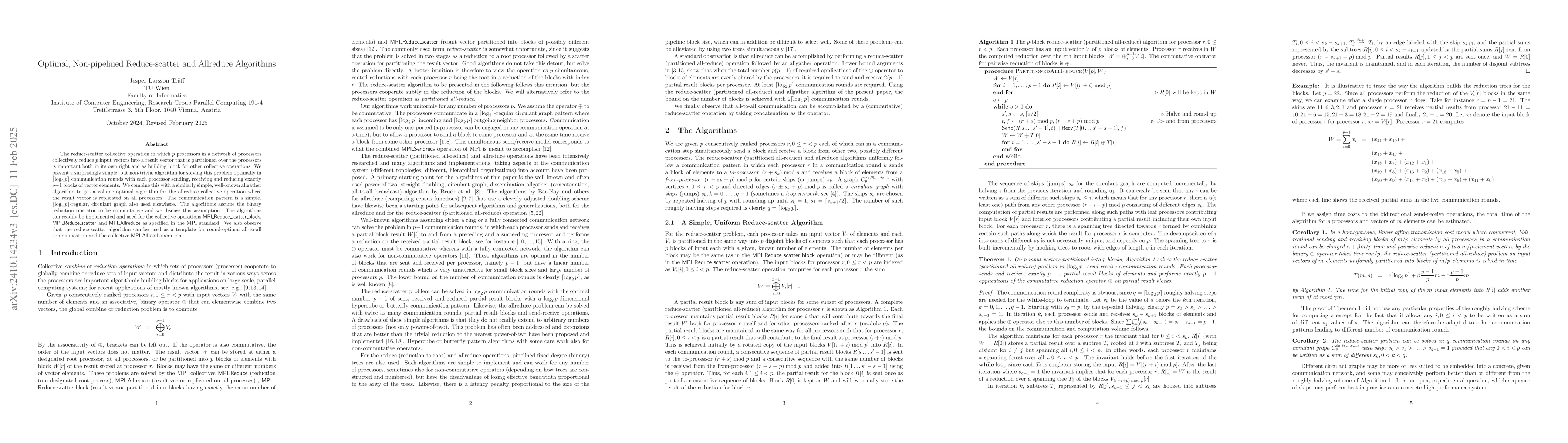 Thumbnail for Optimal, Non-pipelined Reduce-scatter and Allreduce Algorithms