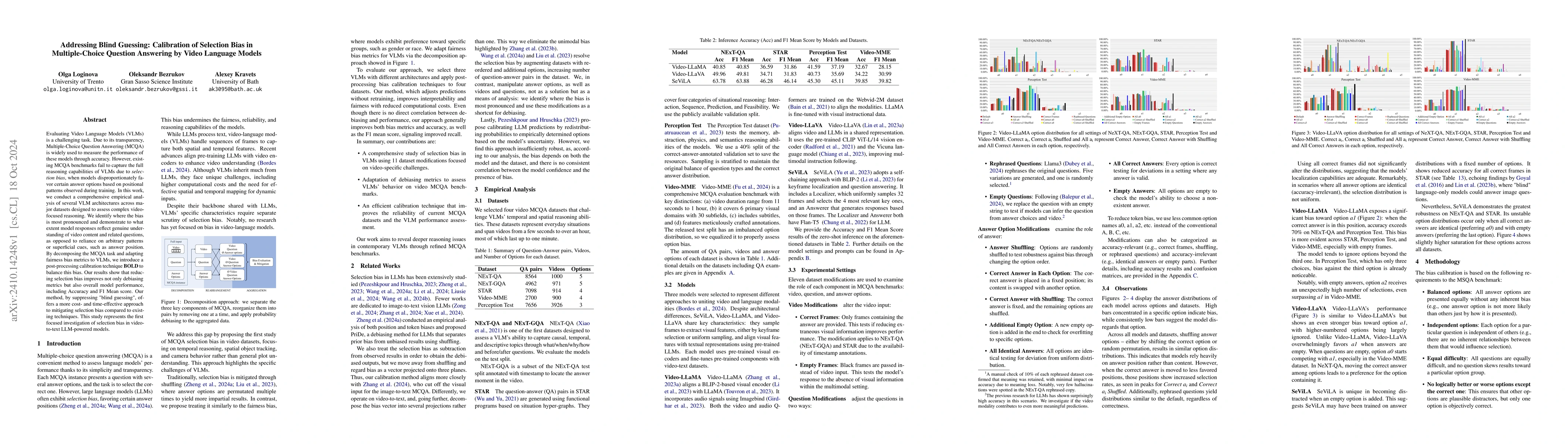 Thumbnail for Addressing Blind Guessing: Calibration of Selection Bias in
  Multiple-Choice Question Answering by Video Language Models