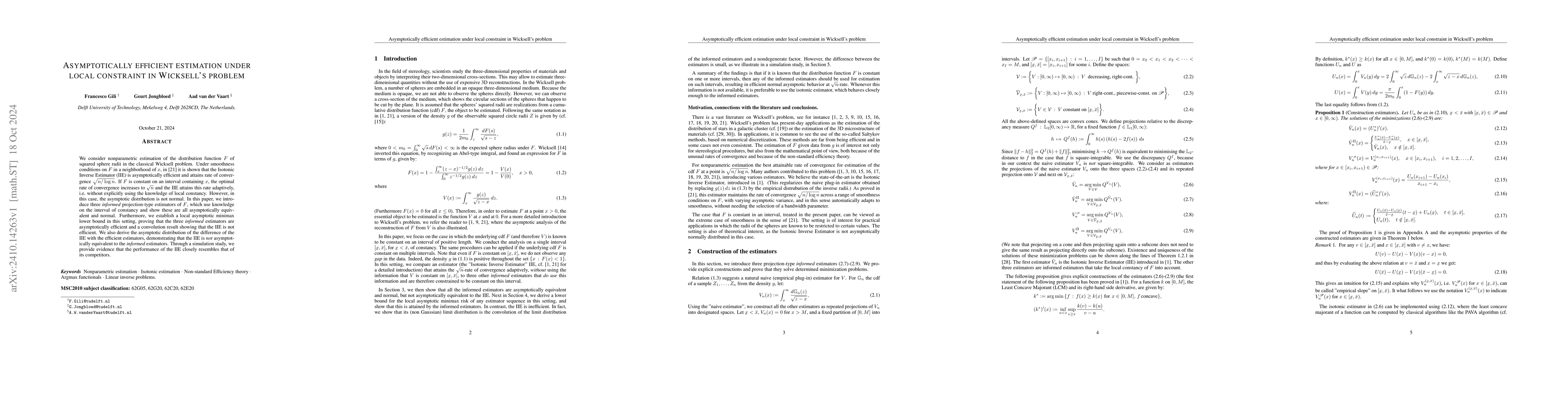 Thumbnail for Asymptotically efficient estimation under local constraint in Wicksell's
  problem