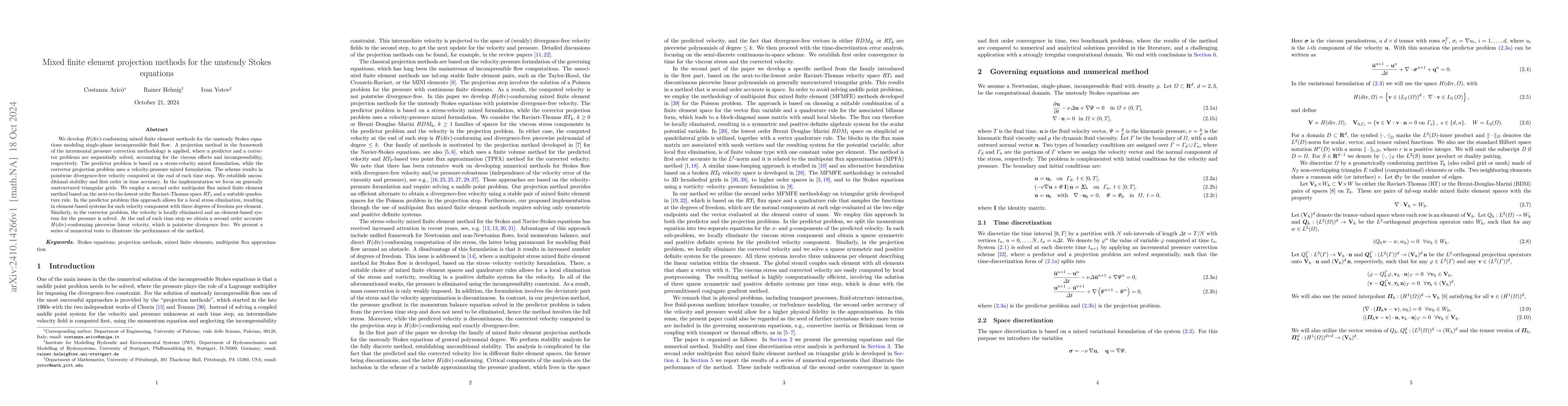 Thumbnail for Mixed finite element projection methods for the unsteady Stokes
  equations