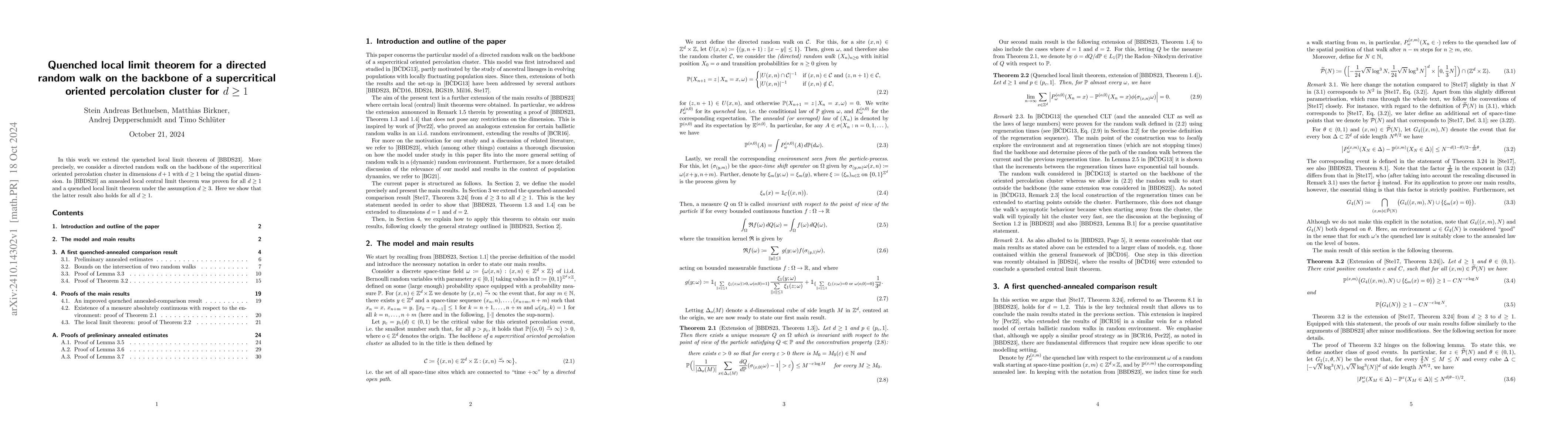 Thumbnail for Quenched local limit theorem for a directed random walk on the backbone
  of a supercritical oriented percolation cluster for $d \ge 1$