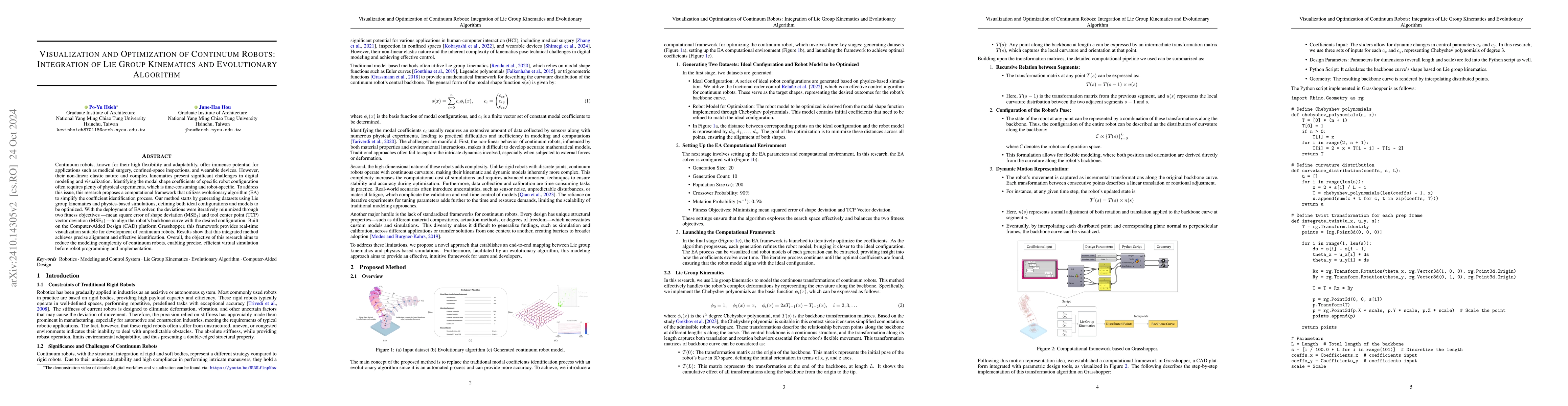 Thumbnail for Visualization and Optimization of Continuum Robots: Integration of Lie
  Group Kinematics and Evolutionary Algorithm