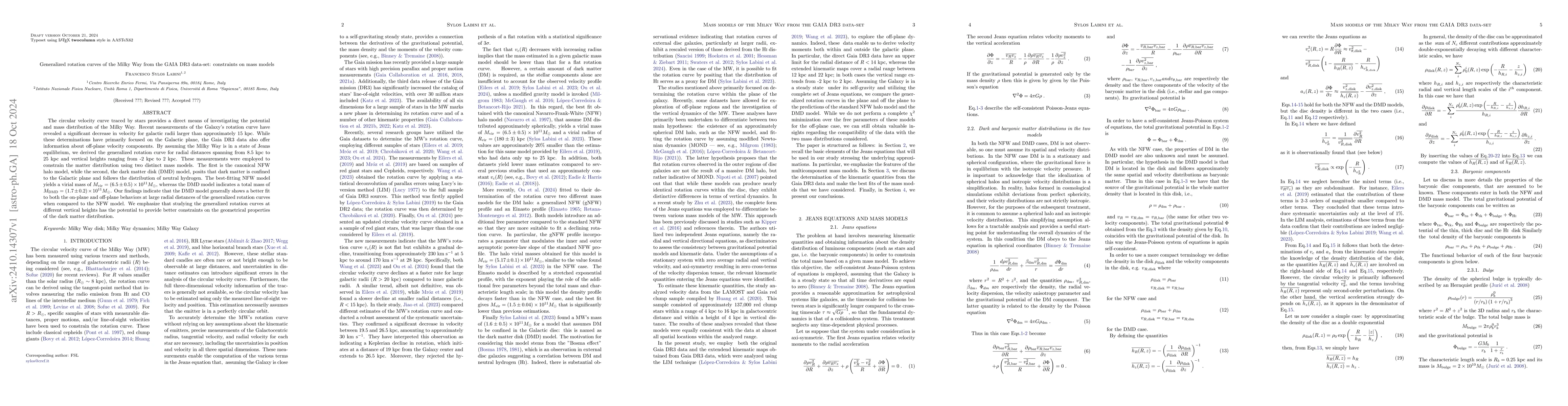Thumbnail for Generalized rotation curves of the Milky Way from the GAIA DR3 data-set:
  constraints on mass models