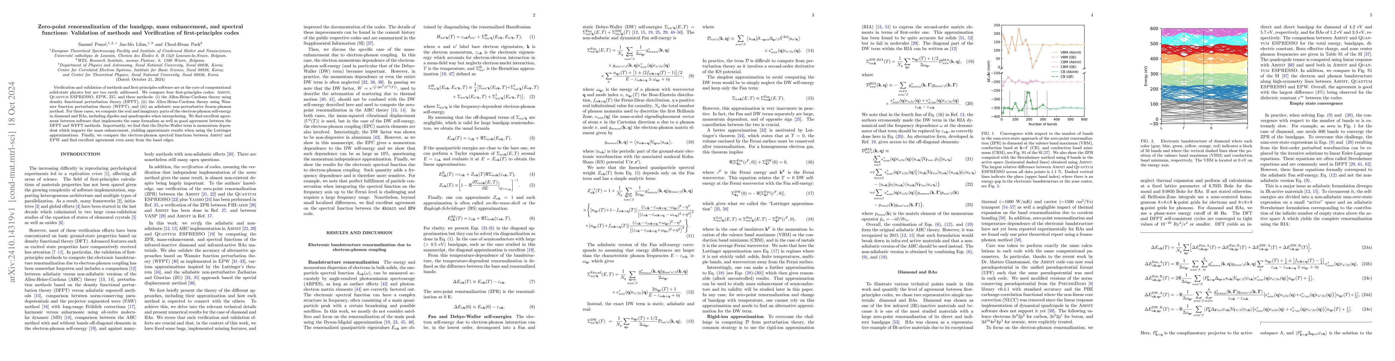 Thumbnail for Zero-point renormalization of the bandgap, mass enhancement, and
  spectral functions: Validation of methods and Verification of
  first-principles codes