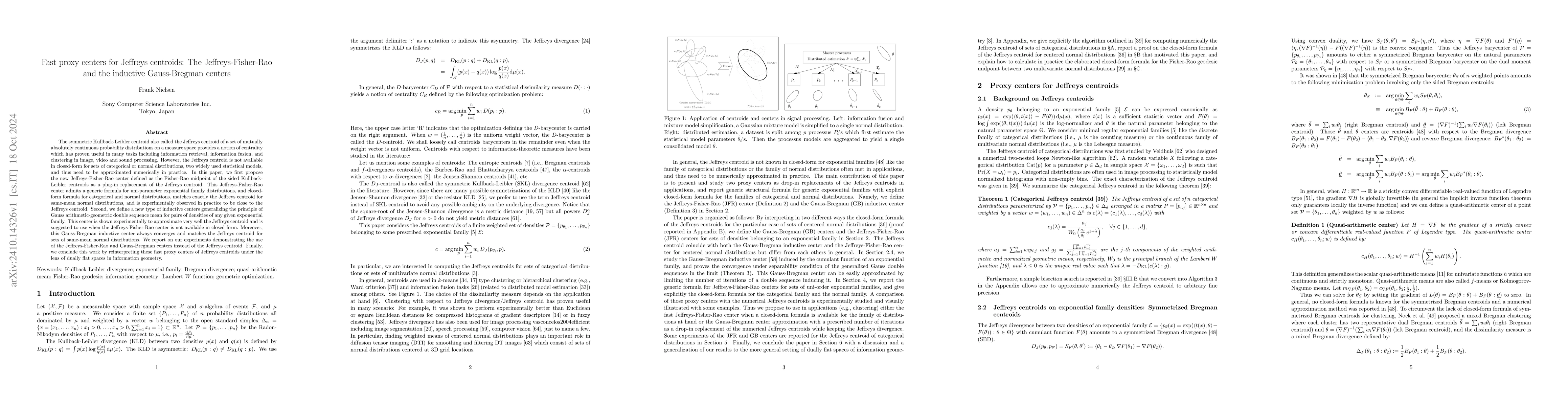 Thumbnail for Fast proxy centers for Jeffreys centroids: The Jeffreys-Fisher-Rao and
  the inductive Gauss-Bregman centers