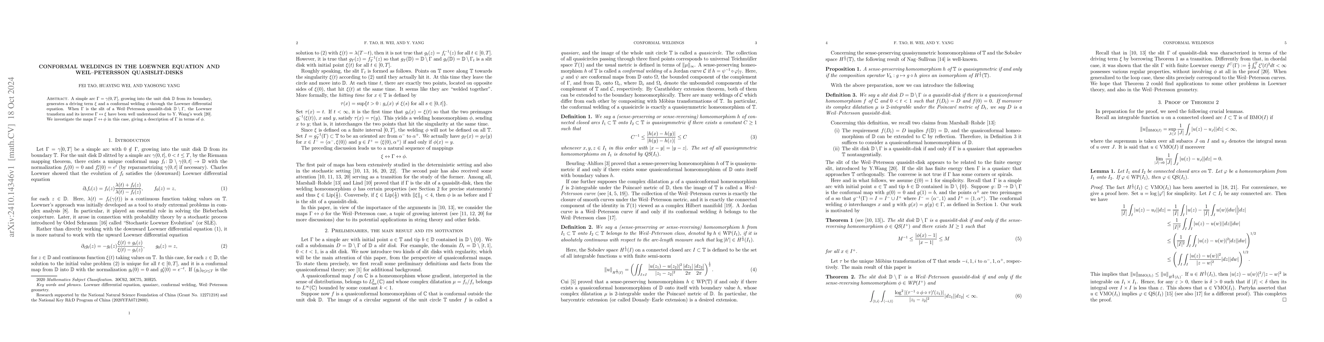 Thumbnail for Conformal weldings in the Loewner equation and Weil--Petersson
  quasislit-disks