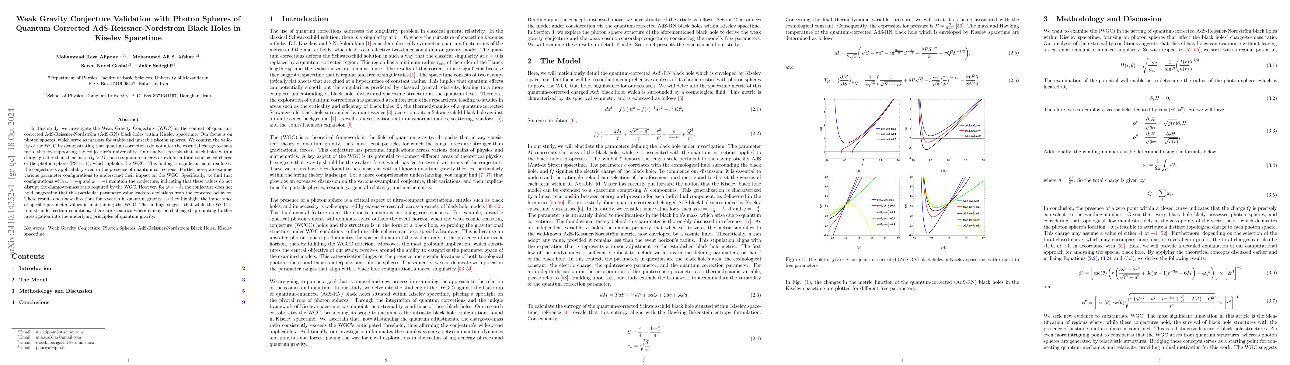 Thumbnail for Weak Gravity Conjecture Validation with Photon Spheres of Quantum
  Corrected AdS-Reissner-Nordstrom Black Holes in Kiselev Spacetime