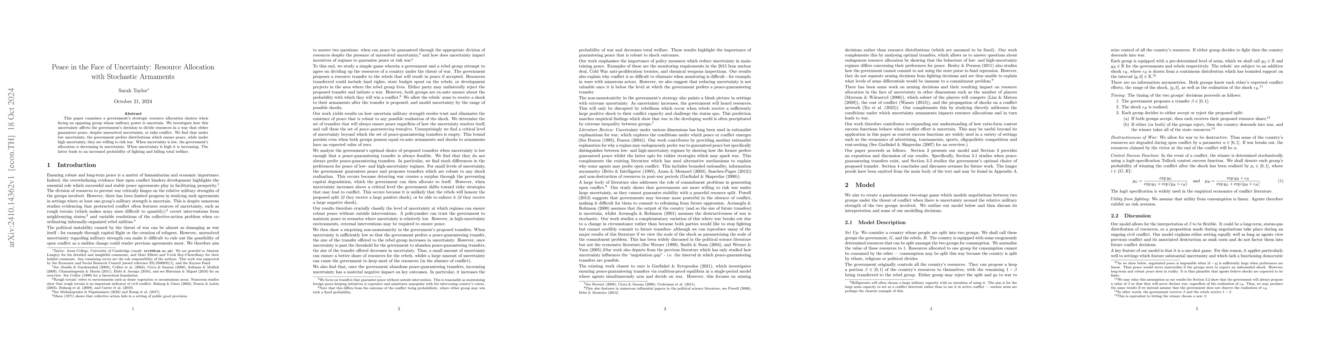 Thumbnail for Peace in the Face of Uncertainty: Resource Allocation with Stochastic
  Armaments