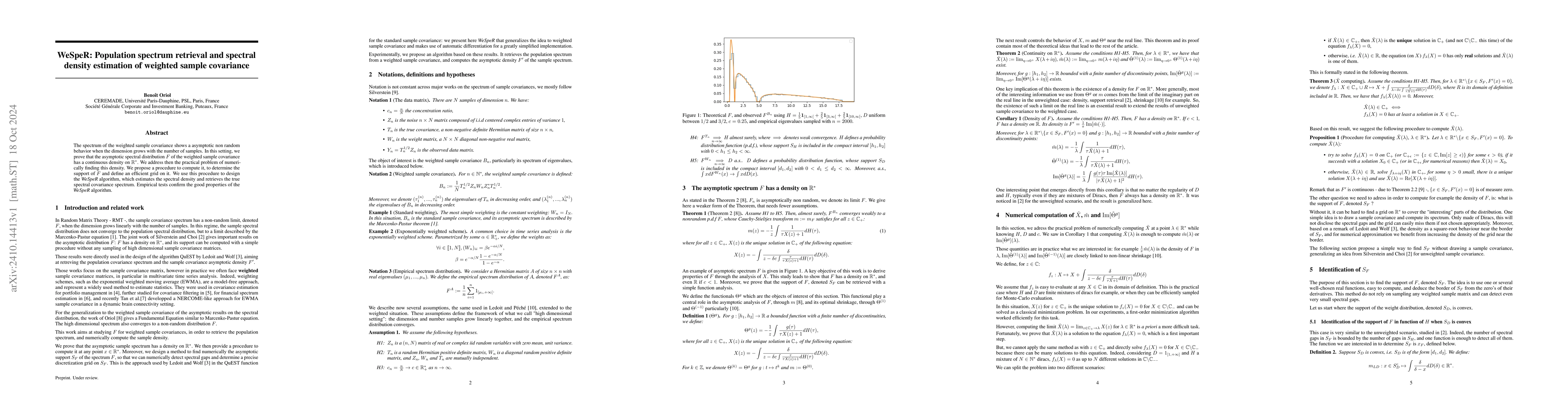 Thumbnail for WeSpeR: Population spectrum retrieval and spectral density estimation of
  weighted sample covariance