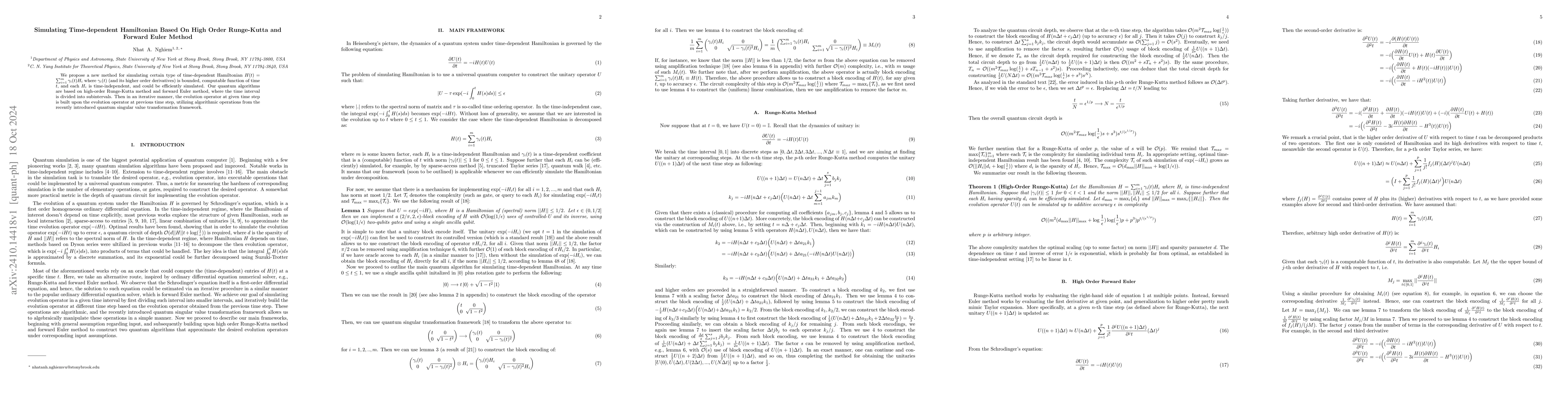Thumbnail for Simulating Time-dependent Hamiltonian Based On High Order Runge-Kutta
  and Forward Euler Method