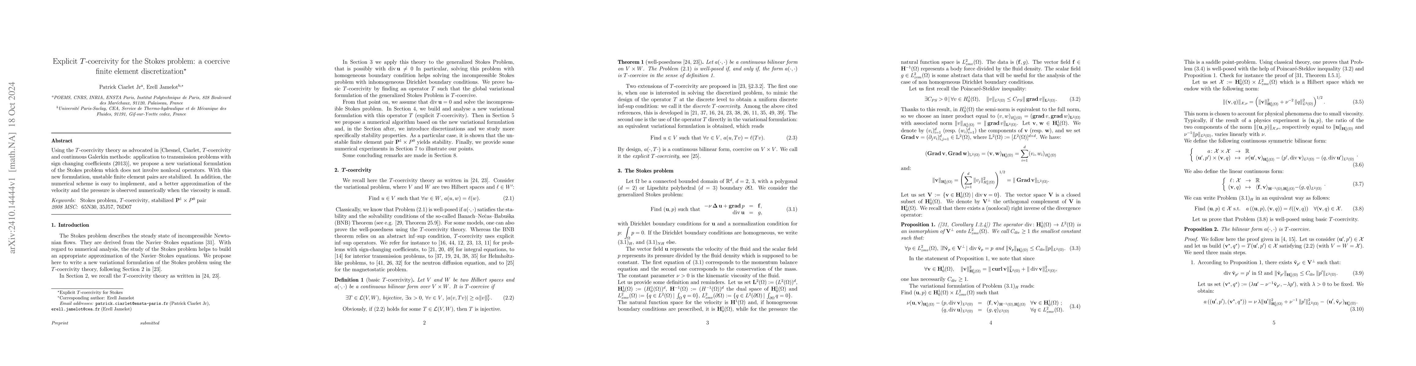 Thumbnail for Explicit T -coercivity for the Stokes problem: a coercive finite element
  discretization