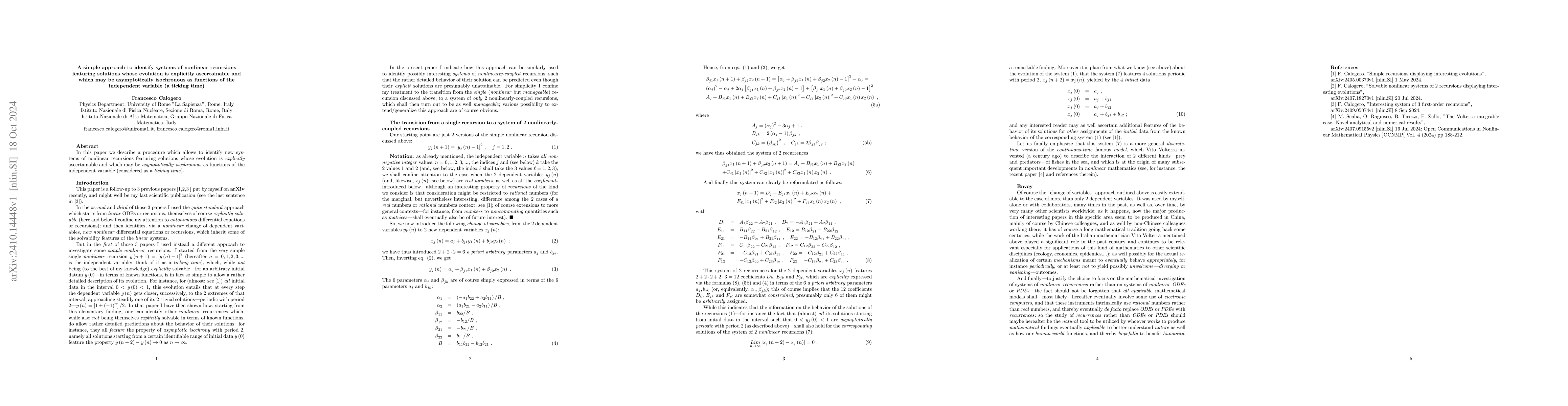 Thumbnail for A simple approach to identify systems of nonlinear recursions featuring
  solutions whose evolution is explicitly ascertainable and which may be
  asymptotically isochronous as functions of the independent variable (a
  ticking time)