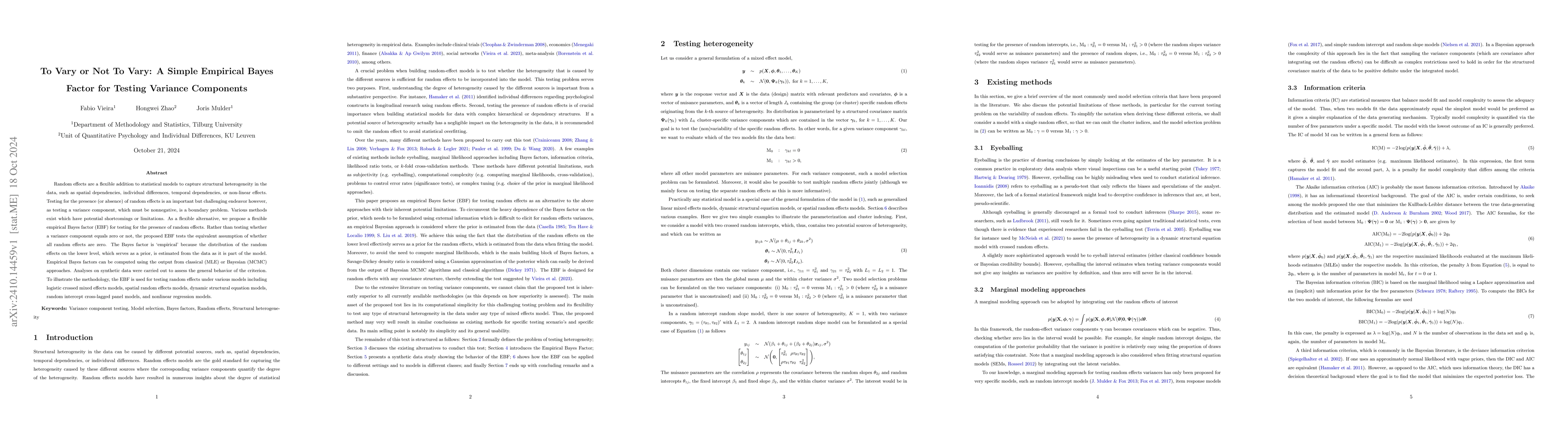 Thumbnail for To Vary or Not To Vary: A Simple Empirical Bayes Factor for Testing
  Variance Components