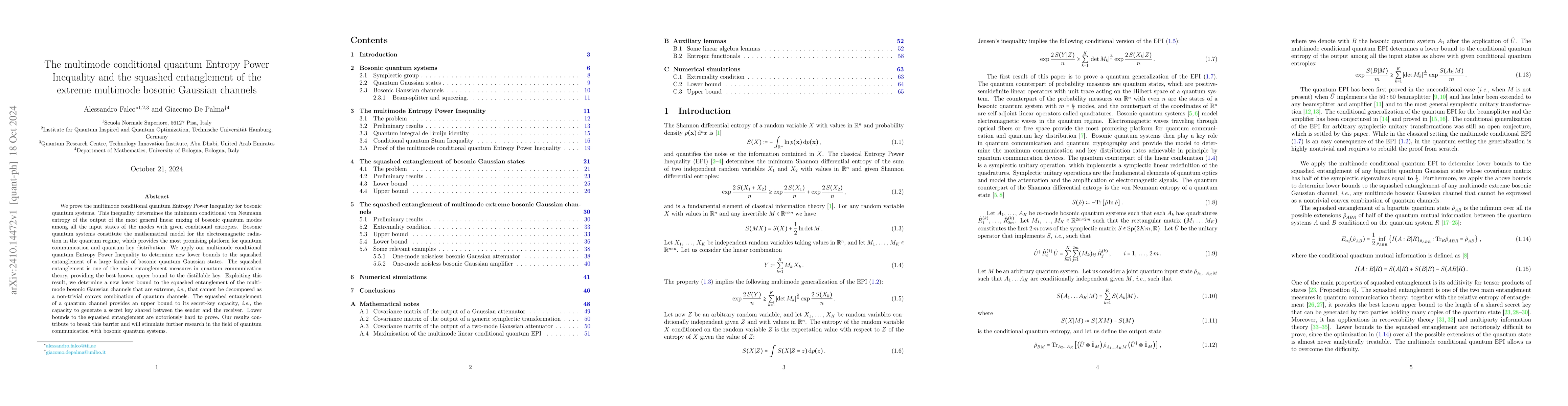 Thumbnail for The multimode conditional quantum Entropy Power Inequality and the
  squashed entanglement of the extreme multimode bosonic Gaussian channels