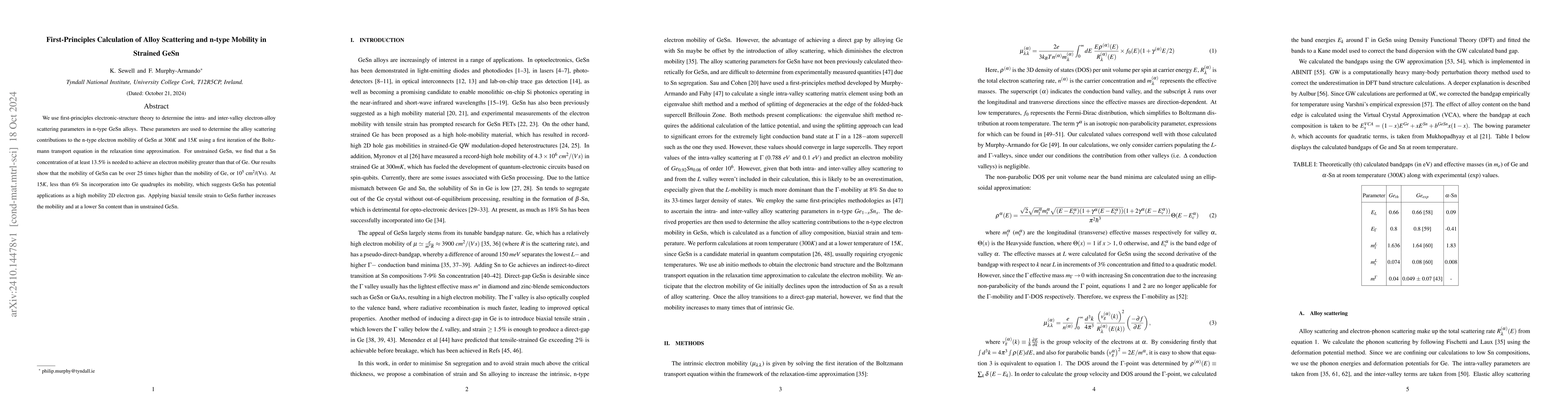 Thumbnail for First-Principles Calculation of Alloy Scattering and n-type Mobility in
  Strained GeSn