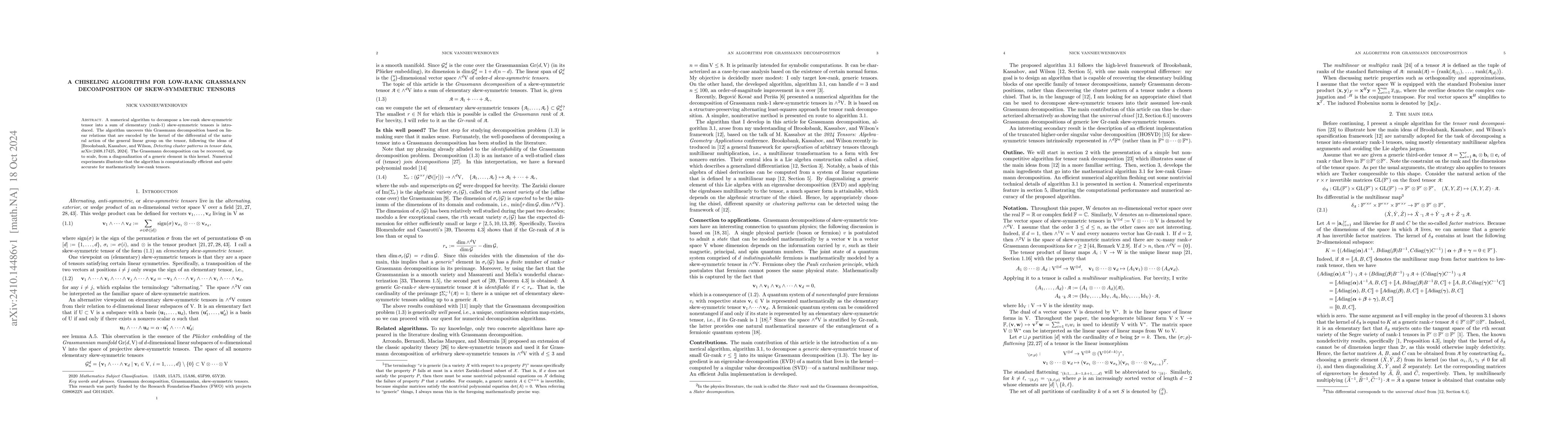 Thumbnail for A chiseling algorithm for low-rank Grassmann decomposition of
  skew-symmetric tensors