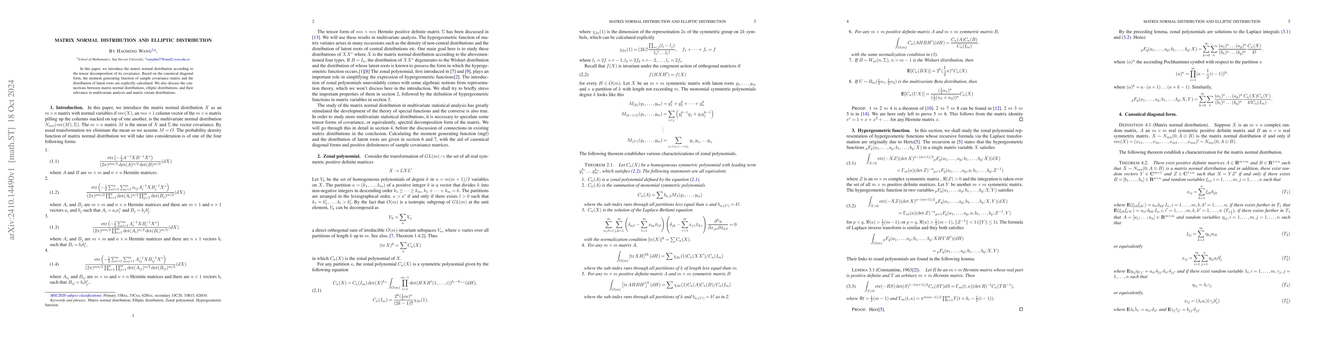 Thumbnail for Matrix normal distribution and elliptic distribution