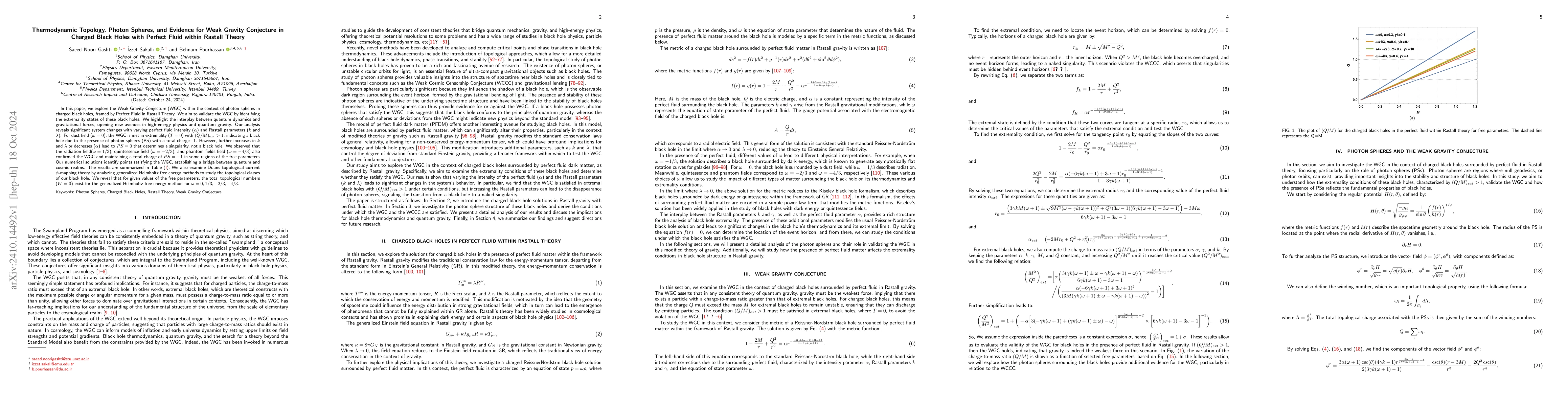Thumbnail for Thermodynamic Topology, Photon Spheres, and Evidence for Weak Gravity
  Conjecture in Charged Black Holes with Perfect Fluid within Rastall Theory