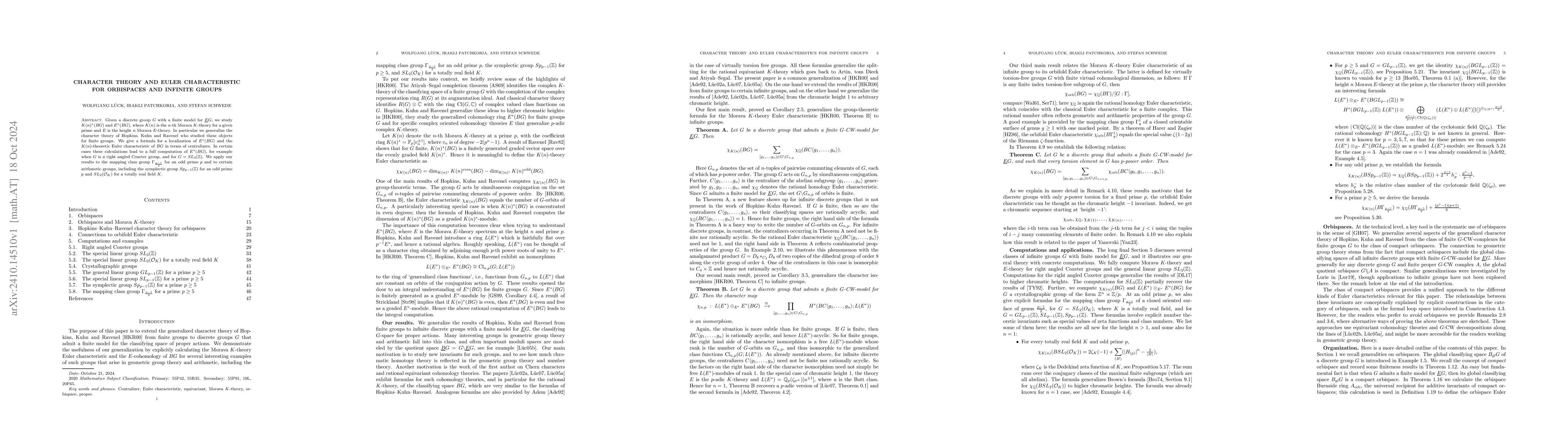 Thumbnail for Character theory and Euler characteristic for orbispaces and infinite
  groups
